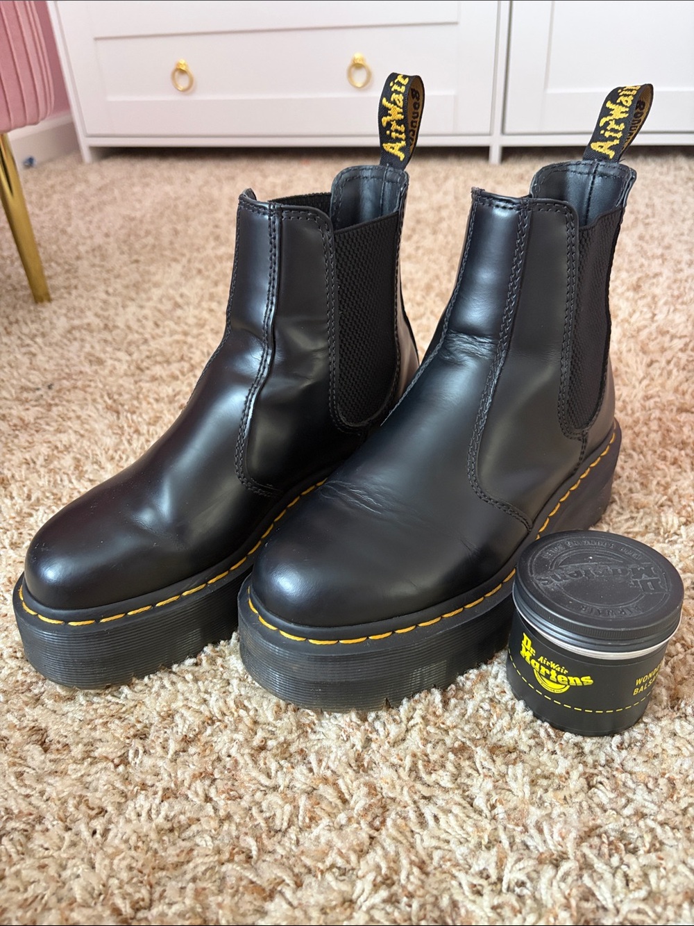 Dr. Martens Black Leather Platform Chelsea Boots with Yellow Stitching